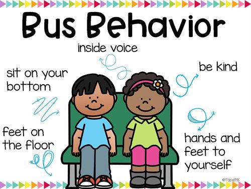 two students sitting on a bus seat with a list of directions for expected bus behavior